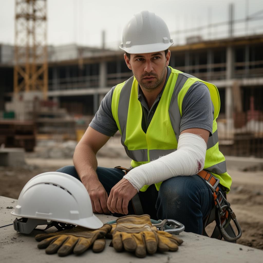 Trabajador de construcción con brazo vendado junto a equipo de seguridad